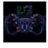 BavarianSimTec Alpha sim racing wheel in low light showing RGB button illumination and premium finish