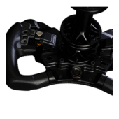 BavarianSimTec Alpha sim racing wheel mounted on base showing connection interface and build quality