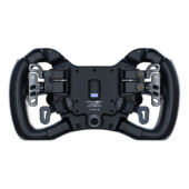 BavarianSimTec Alpha sim racing wheel rear view showing dual clutch paddles and mounting interface