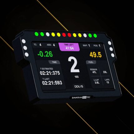 BavarianSimTec DDU5 sim racing display angled view showing telemetry data and LED shift lights