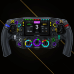 BavarianSimTec OmegaPRO V2 steering wheel front view showing full colour LCD display, RGB shift lights, and carbon fibre faceplate