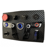GT sim racing button box with carbon fiber faceplate, rotary encoders, illuminated push buttons and emergency stop switch