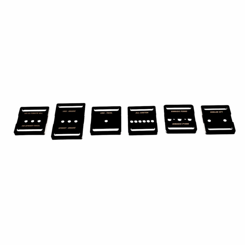 Pedal plate adapter set showing multiple mounting plates for VRS, Heusinkveld, Asetek, Simagic and SimLab pedals