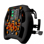 Angled view of SimCore INDY 2 EVO TK Edition steering wheel highlighting carbon fibre faceplate and ergonomic grips