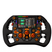 SimCore INDY 2 EVO TK Edition steering wheel front view with integrated LCD display and orange rotary encoders