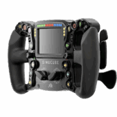 Angled view of Simucube x Ascher Racing Ultimate USB steering wheel highlighting grips and display