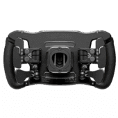 Rear view of Simucube x Ascher Racing Ultimate USB steering wheel showing mounting hub and paddle mechanism