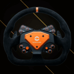 Simucube Tahko GT-21 Wireless Wheel front view showing suede rim, orange centre plate and rotary controls