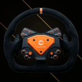 Simucube Tahko GT-21 Wireless Wheel front view showing suede rim, orange centre plate and rotary controls