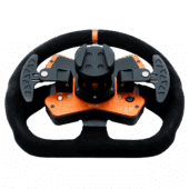 Simucube Tahko GT-21 Wireless Wheel rear view showing magnetic paddle shifters and Simucube wireless hub