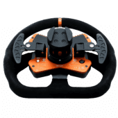 Simucube Tahko Round Orange Edition steering wheel rear view showing Simucube mounting interface and magnetic shifters