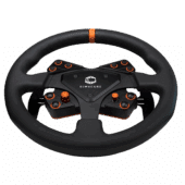 Simucube Tahko Round Black Edition round steering wheel front view with leather rim, orange centre marker and integrated Simucube button modules