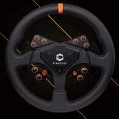 Simucube Tahko Round Black Edition round sim racing steering wheel studio image highlighting leather grip, anodised controls and Simucube branding