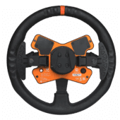 Simucube Tahko Round Black Edition steering wheel rear view showing aluminium housing, magnetic shifter paddles and Simucube Quick Release mount