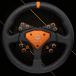 Simucube Tahko Round Orange Edition steering wheel front hero view with orange accents and Simucube branding