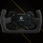 Simucube Valo Evo steering wheel front view showing LED RPM display, dual thumb encoders, and premium leather grips