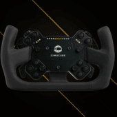 Simucube Valo Evo steering wheel front view showing LED RPM display, dual thumb encoders, and premium leather grips