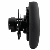 Side profile of Simucube Valo Evo racing wheel showing slim hub design and leather-wrapped rim thickness