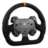 Simucube Valo GT-23 GT-style steering wheel angled front view highlighting Alcantara grips and LED strip