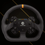 Simucube Valo GT-23 Leather steering wheel front view showing leather rim, RGB shift lights, and Simucube button layout