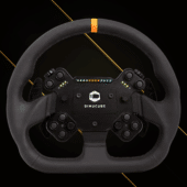 Simucube Valo GT-23 Leather steering wheel front view showing leather rim, RGB shift lights, and Simucube button layout