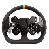 Simucube Valo GT-23 Leather steering wheel rear view showing magnetic paddle shifters, hub mount, and rear housing
