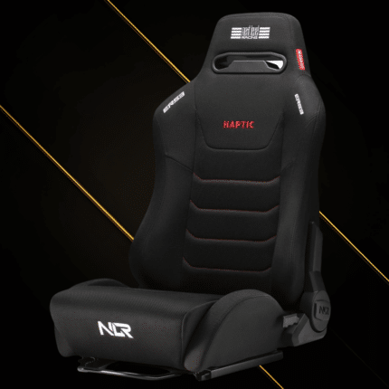 Upright front view of Next Level Racing ERS3 Haptic Feedback sim racing seat with ergonomic support and HAPTIC logo