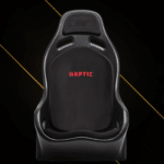 Next Level Racing ES1 Haptic Feedback sim racing seat front view with HAPTIC branding and deep bolstered bucket design
