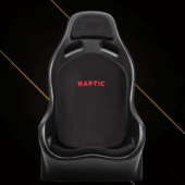 Next Level Racing ES1 Haptic Feedback sim racing seat front view with HAPTIC branding and deep bolstered bucket design