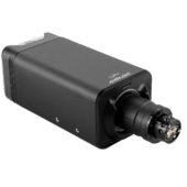 Angled front view of Simagic Alpha EVO Ultra direct drive wheel base highlighting quick release system and premium build quality