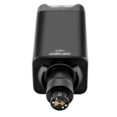 Front view of Simagic Alpha EVO Ultra direct drive wheel base showing quick release hub and connection interface