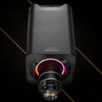 Simagic Alpha EVO Ultra direct drive wheel base front view with illuminated RGB Halo lighting around quick release hub