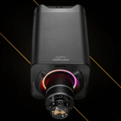 Simagic Alpha EVO Ultra direct drive wheel base front view with illuminated RGB Halo lighting around quick release hub