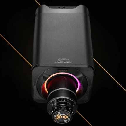 Simagic Alpha EVO Ultra direct drive wheel base front view with illuminated RGB Halo lighting around quick release hub