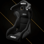 Angled front view of Sparco QRT CIRCUIT II racing seat with aggressive bolstering and harness openings