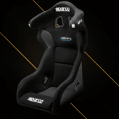 Angled front view of Sparco QRT CIRCUIT II racing seat with aggressive bolstering and harness openings