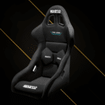 Sparco QRT PRO 2000 racing seat front angle view showing deep bucket design with lumbar cushions and harness openings