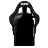 Rear close view of Sparco QRT PRO 2000 racing seat showing glossy composite shell and harness cut-outs