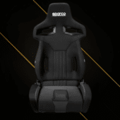 Sparco R333 racing seat front angle view showing black upholstery with ergonomic bolstering