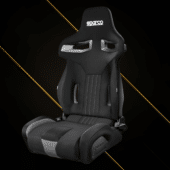 Sparco R333 racing seat front angle view showing black and grey upholstery with ergonomic bolstering