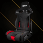 Sparco R333 racing seat front angle view showing black and red upholstery with ergonomic bolstering