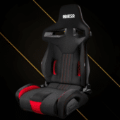Sparco R333 racing seat front angle view showing black and red upholstery with ergonomic bolstering