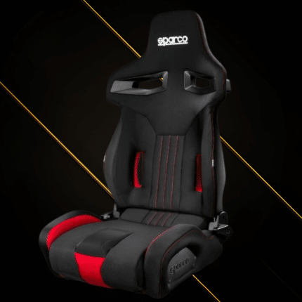 Sparco R333 racing seat front angle view showing black and red upholstery with ergonomic bolstering
