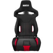 Front view of Sparco R333 seat with red accents, deep bolsters and stitched center panel
