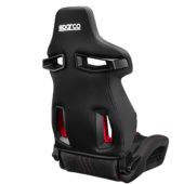Angled rear view of Sparco R333 seat highlighting shell design and harness openings