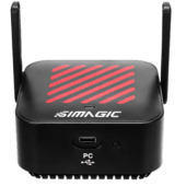 Simagic AirLink wireless hotspot front profile showing dual antenna low-latency connection design
