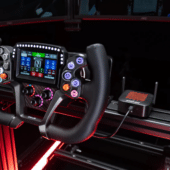 Simagic AirLink connected to Zeus steering wheel and MagicDash 4 telemetry display on sim racing cockpit