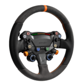 Simagic Zeus Sport steering wheel angled front view with suede grips and rotary controls