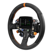 Simagic Zeus Sport steering wheel with magicdash angled front view with suede grips and rotary controls
