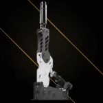 Premium angled view of the TAU Handbrake V2 load cell handbrake designed for realistic rally, drift and racing simulator setups.